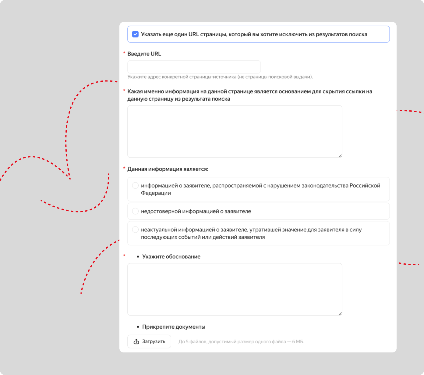 В форме Яндекса обоснование для удаления нужно прописать отдельно к каждой ссылке