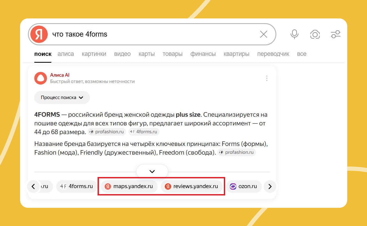 Для сводки о бренде 4FORMS нейросеть использует ссылки на экосистему Яндекса 