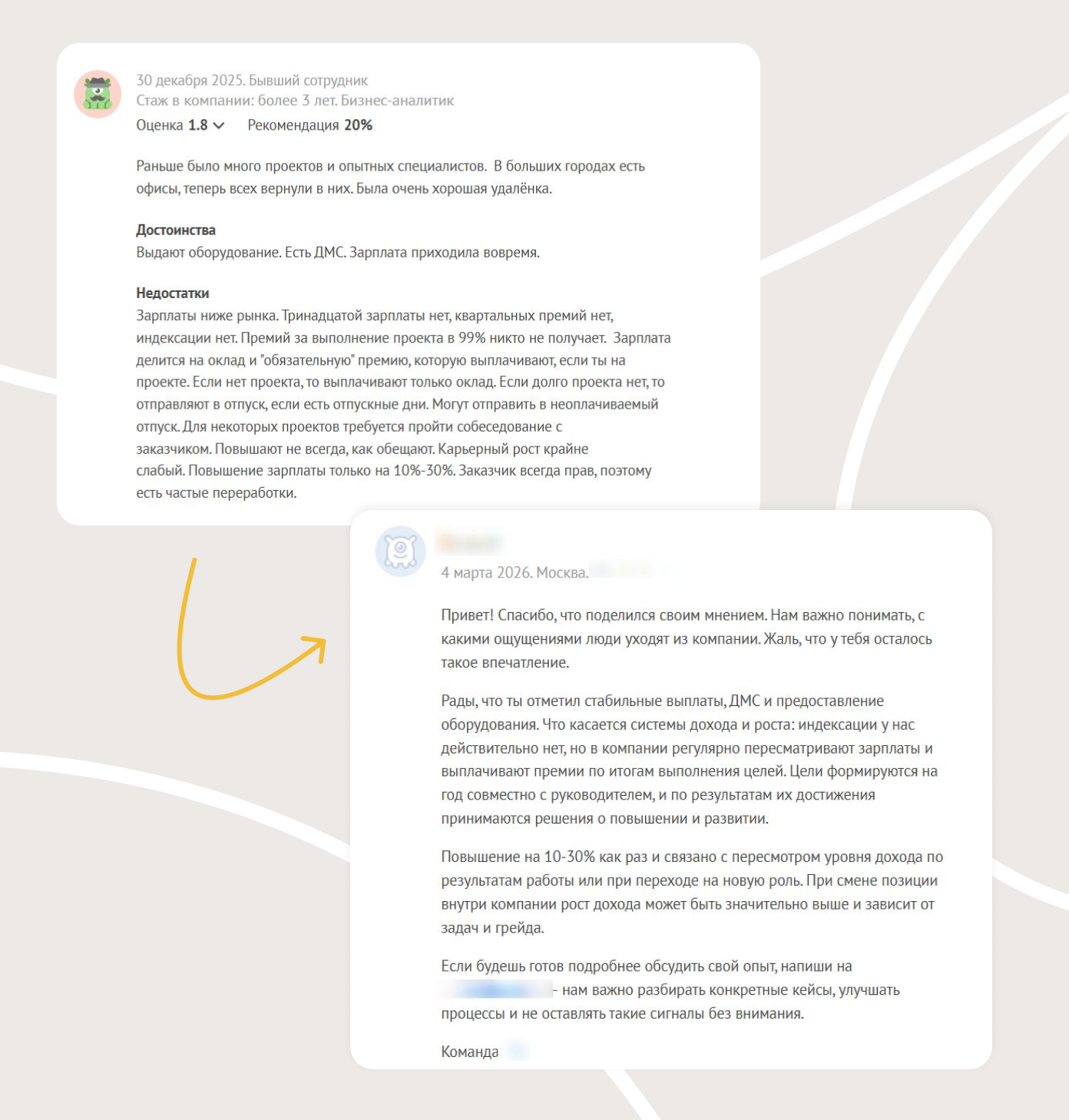 Так может выглядеть развернутый ответ на конструктивный негатив: представитель компании спокойно прошелся по минусам, признал ошибки, рассказал о нюансах процессов и оставил почту для связи.