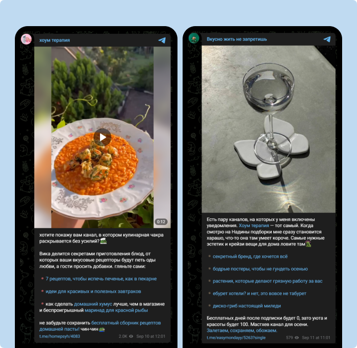 Пример смежных тематик – кулинария и интерьер. Владелец канала на тему домашнего уюта советует сборник рецептов. Коллега не остается в долгу и приглашает своих подписчиков посмотреть подборки красивой мебели и мелочей для дома.