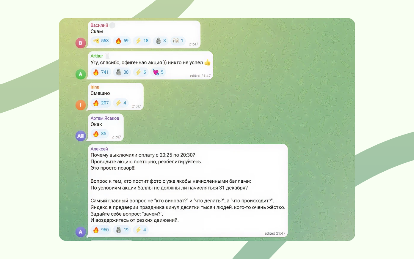 Негативные реакции в телеграм-канале Яндекс Пэй 29 декабря